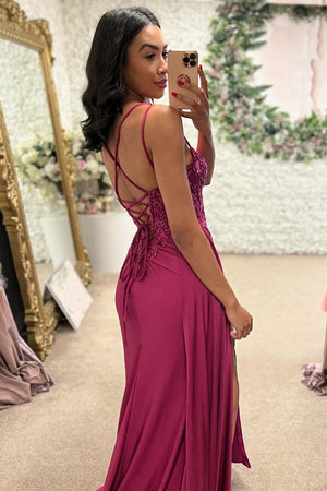 Fuchsia Appliques Pleated Corset Tight Prom Dress with Slit