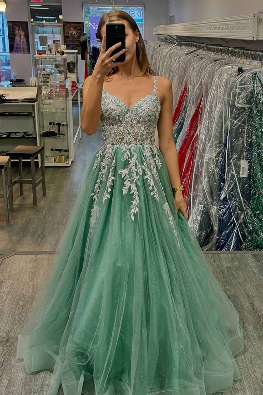 Sparkly Sage Appliques Tulle A Line Prom Dress