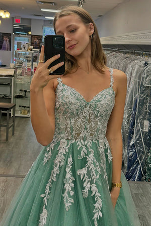 Sparkly Sage Appliques Tulle A Line Prom Dress