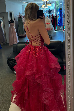 Sparkly Fuchsia Appliques Organza A Line Prom Dress