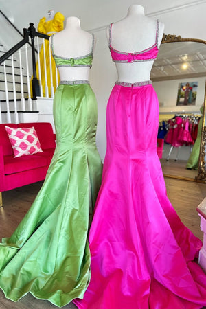 Hollow-out Fuchsia Bow Mermaid Prom Dress with Beaded