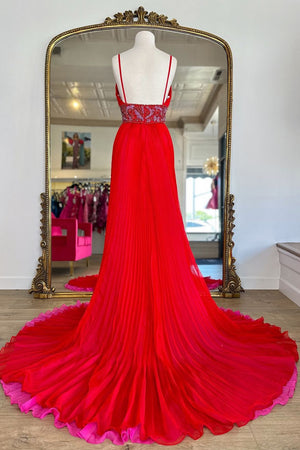 Red Draped A Line V Neck Prom Dress with Beaded