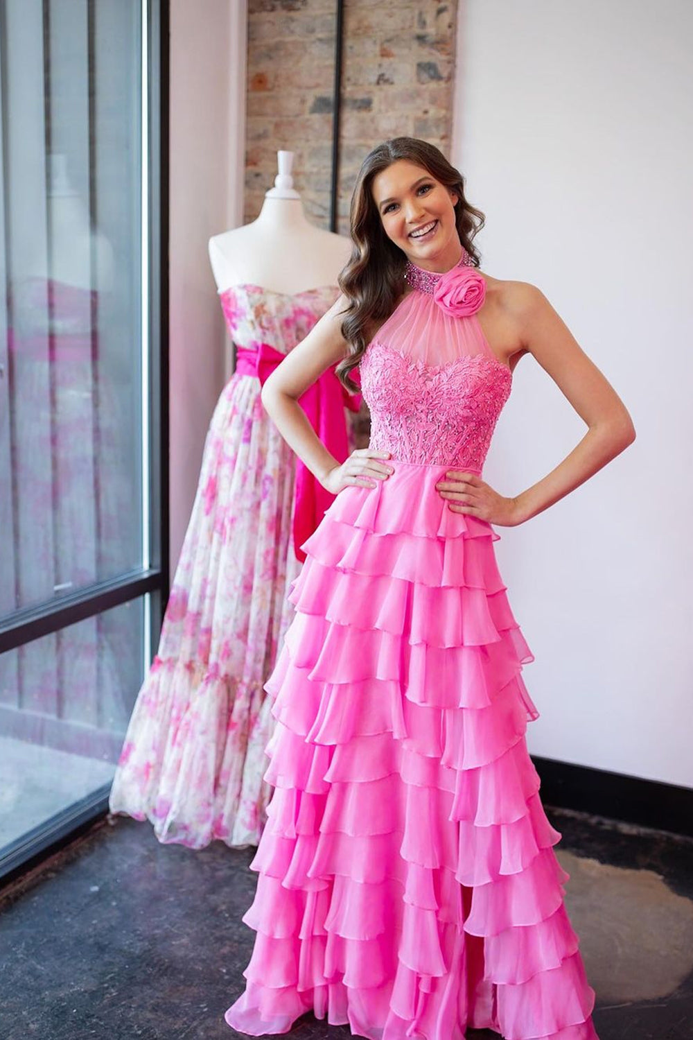 Hot Pink Halter Appliques Tiered Tulle Corset Prom Dress with Beaded