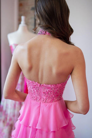 Hot Pink Halter Appliques Tiered Tulle Corset Prom Dress with Beaded