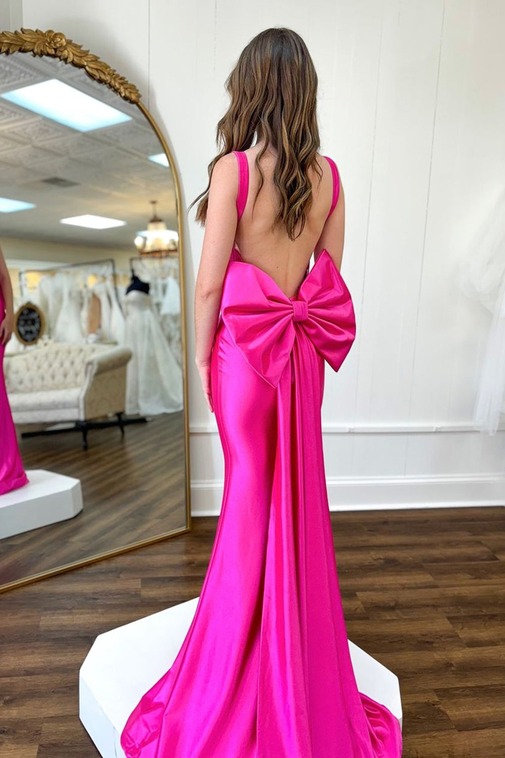 Fuchsia Mermaid Backless Satin Prom Dress with Bow