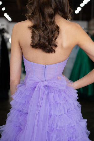 Lilac Hollow-out Tiered Tulle Prom Dress with Slit