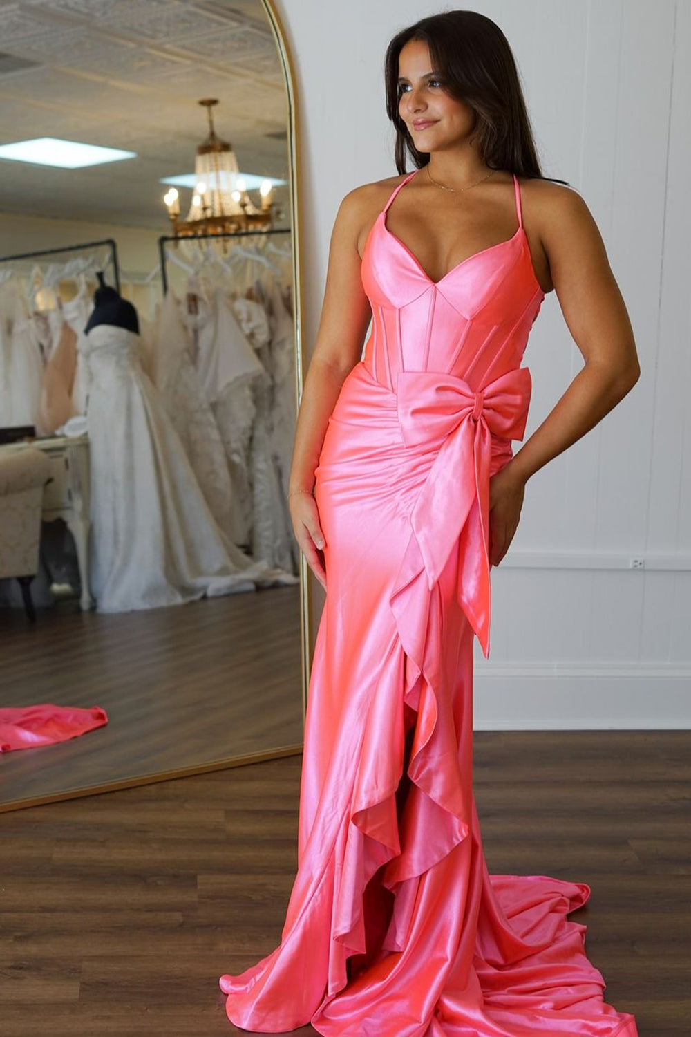 Hot Pink Ruffle Pleated Corset Mermaid Prom Dress with Bow