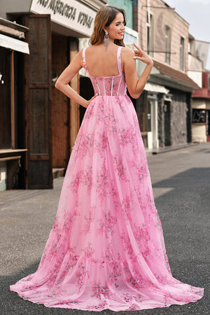 Blush Floral A Line Spaghetti Straps Pleated Corset Prom Dress