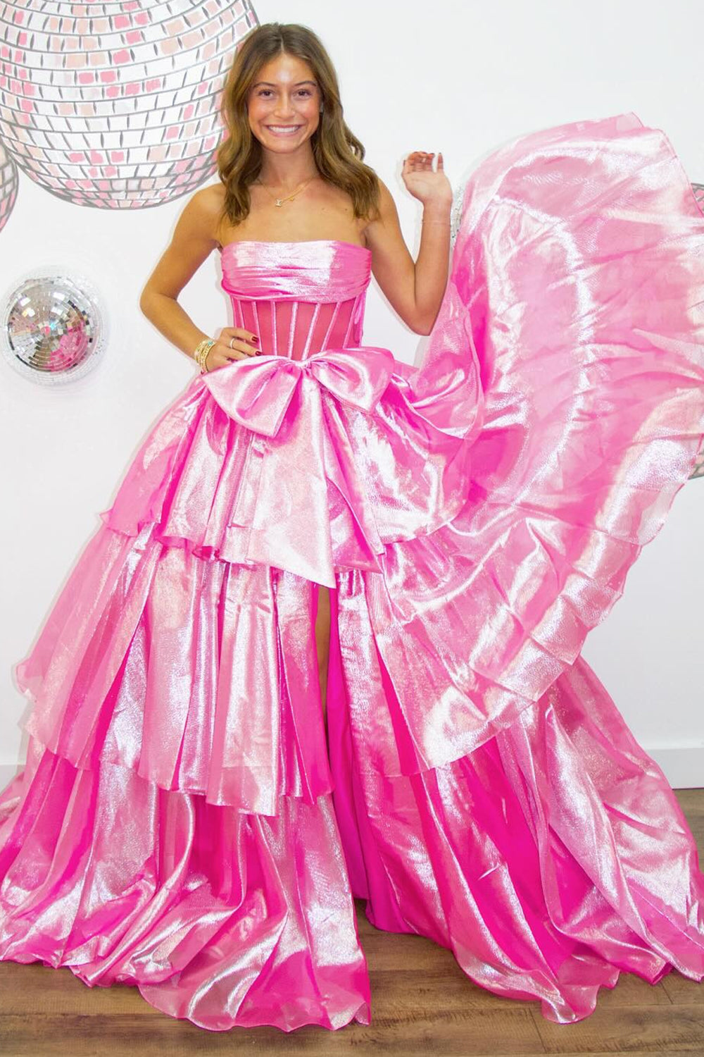 Pink Corset A Line Strapless Tiered Prom Dress with Bow