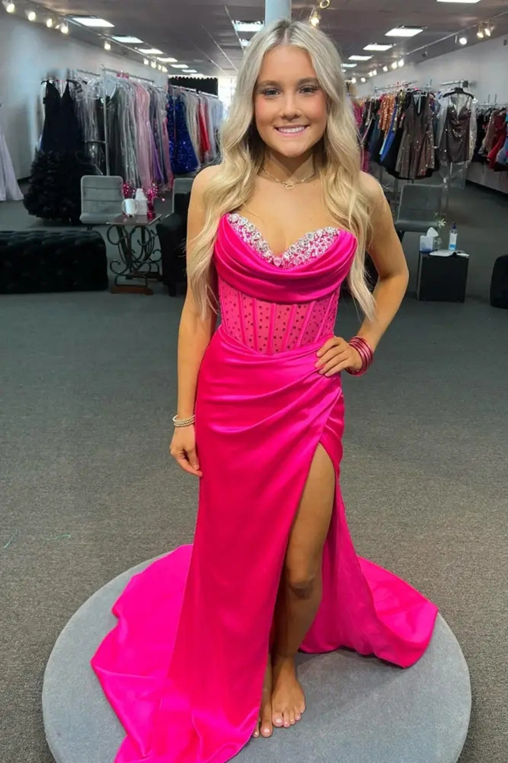 Sparkly Fuchsia Mermaid Strapless Beaded Corset Satin Prom Dress with Slit