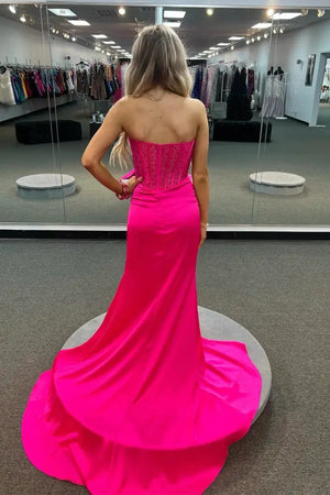 Sparkly Fuchsia Mermaid Strapless Beaded Corset Satin Prom Dress with Slit