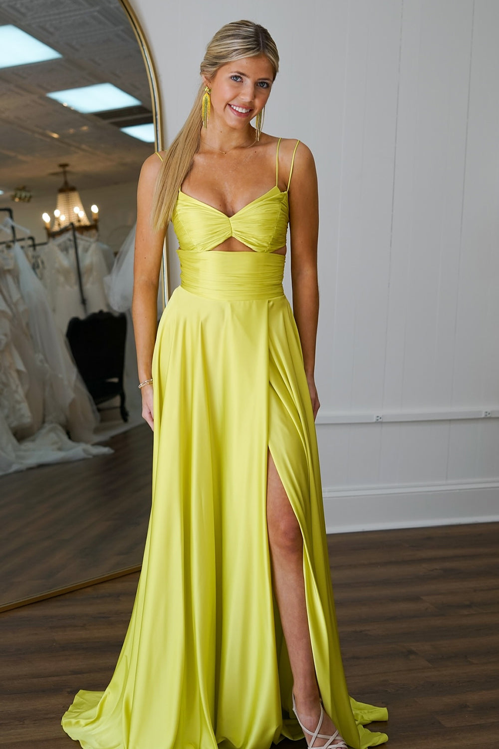 Hollow-out Yellow Tight Spaghetti Straps Prom Dress with Slit