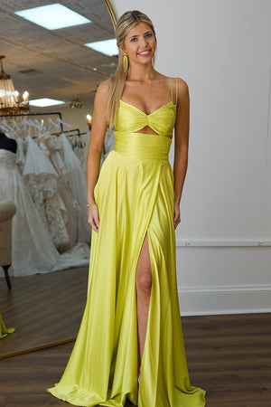 Hollow-out Yellow Tight Spaghetti Straps Prom Dress with Slit