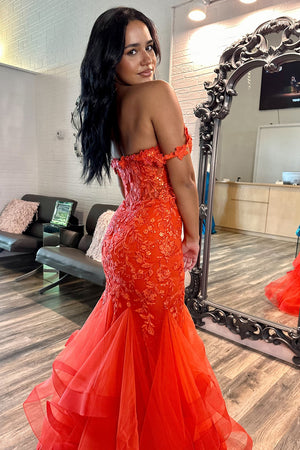 Appliques Mermaid Orange Corset Off The Shoulder Prom Dress