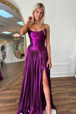 Dark Purple Corset Ruched A-Line Prom Dress with Slit