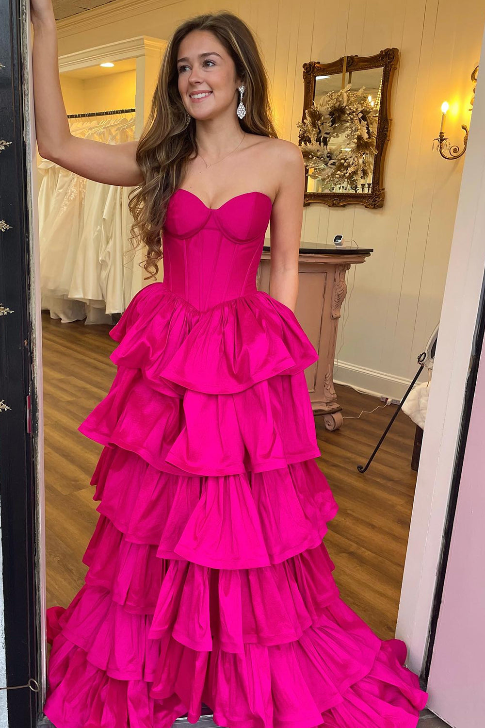 Fuchsia Corset Tiered Strapless A-Line Prom Dress