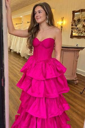 Fuchsia Corset Tiered Strapless A-Line Prom Dress