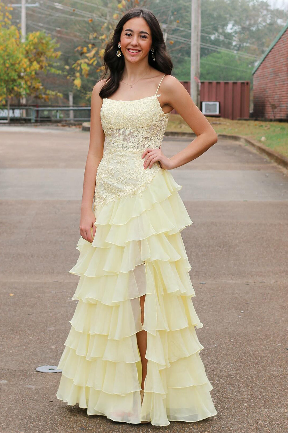 Yellow Appliques Corset Tiered Prom Dress with Slit