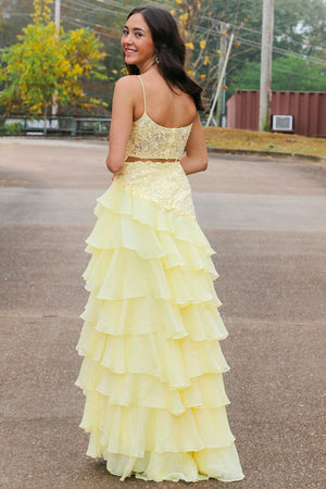 Yellow Appliques Corset Tiered Prom Dress with Slit