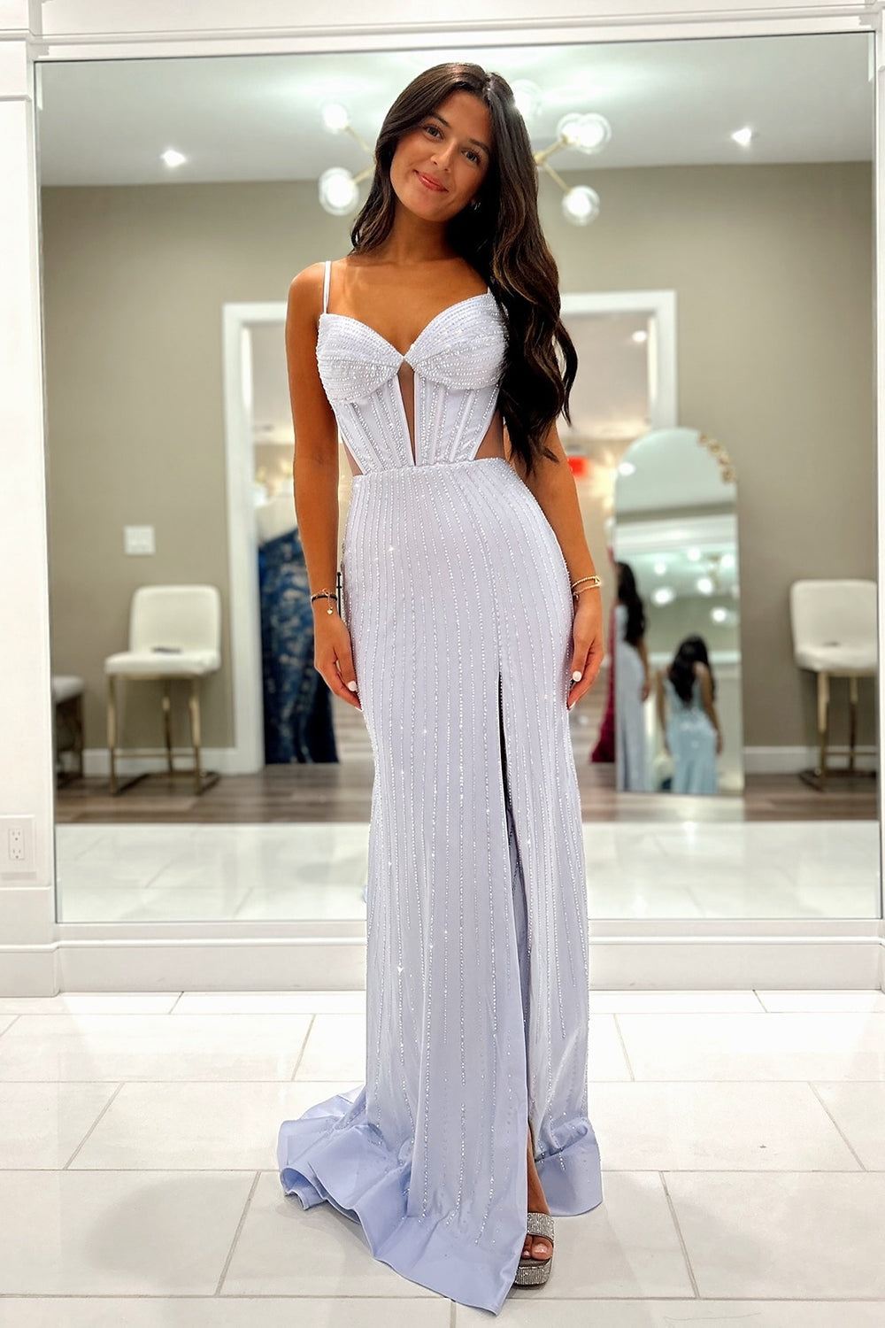 Glitter Beaded Lilac Corset Tight Hollow-out Prom Dress with Slit