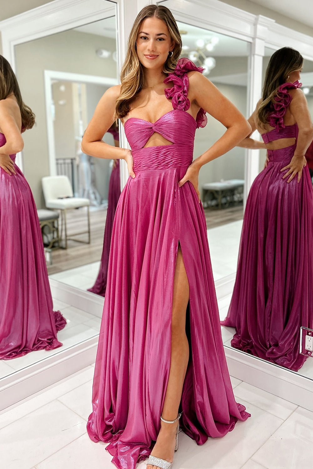 Fuchsia Ruched One Shoulder Hollow-out A Line Prom Dress with Slit