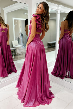 Fuchsia Ruched One Shoulder Hollow-out A Line Prom Dress with Slit