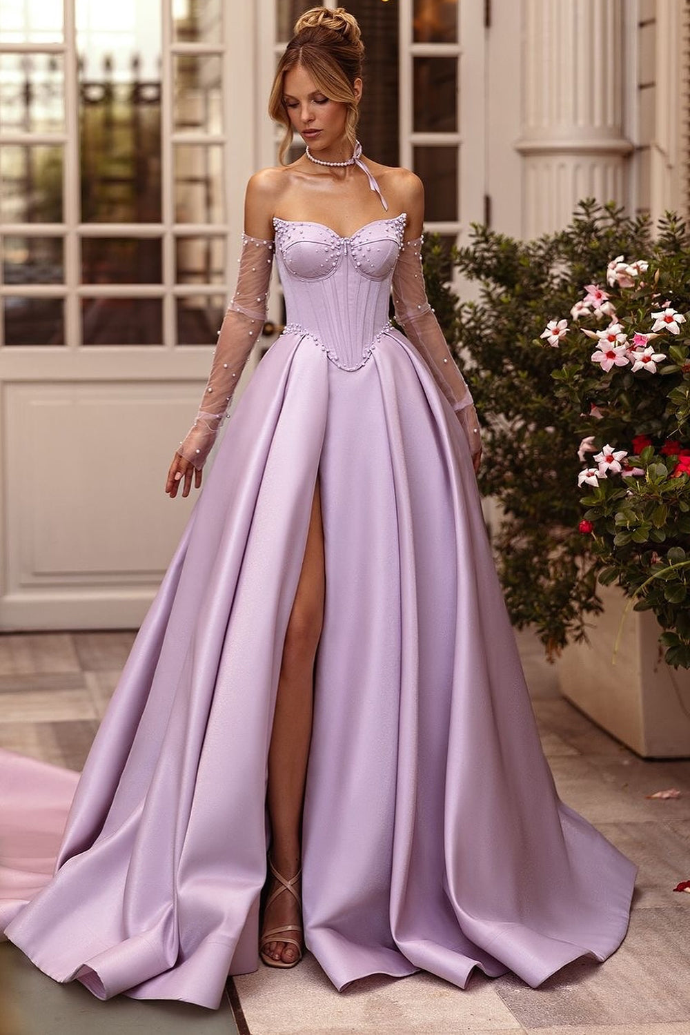 Lilac Beaded Corset A Line Strapless Prom Dress with Slit