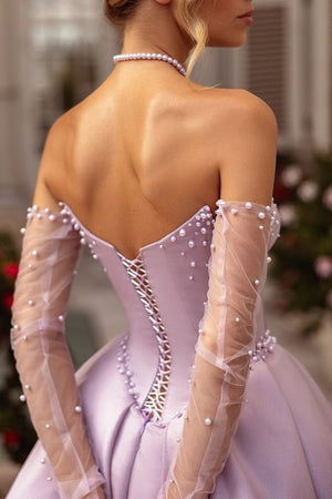 Lilac Beaded Corset A Line Strapless Prom Dress with Slit