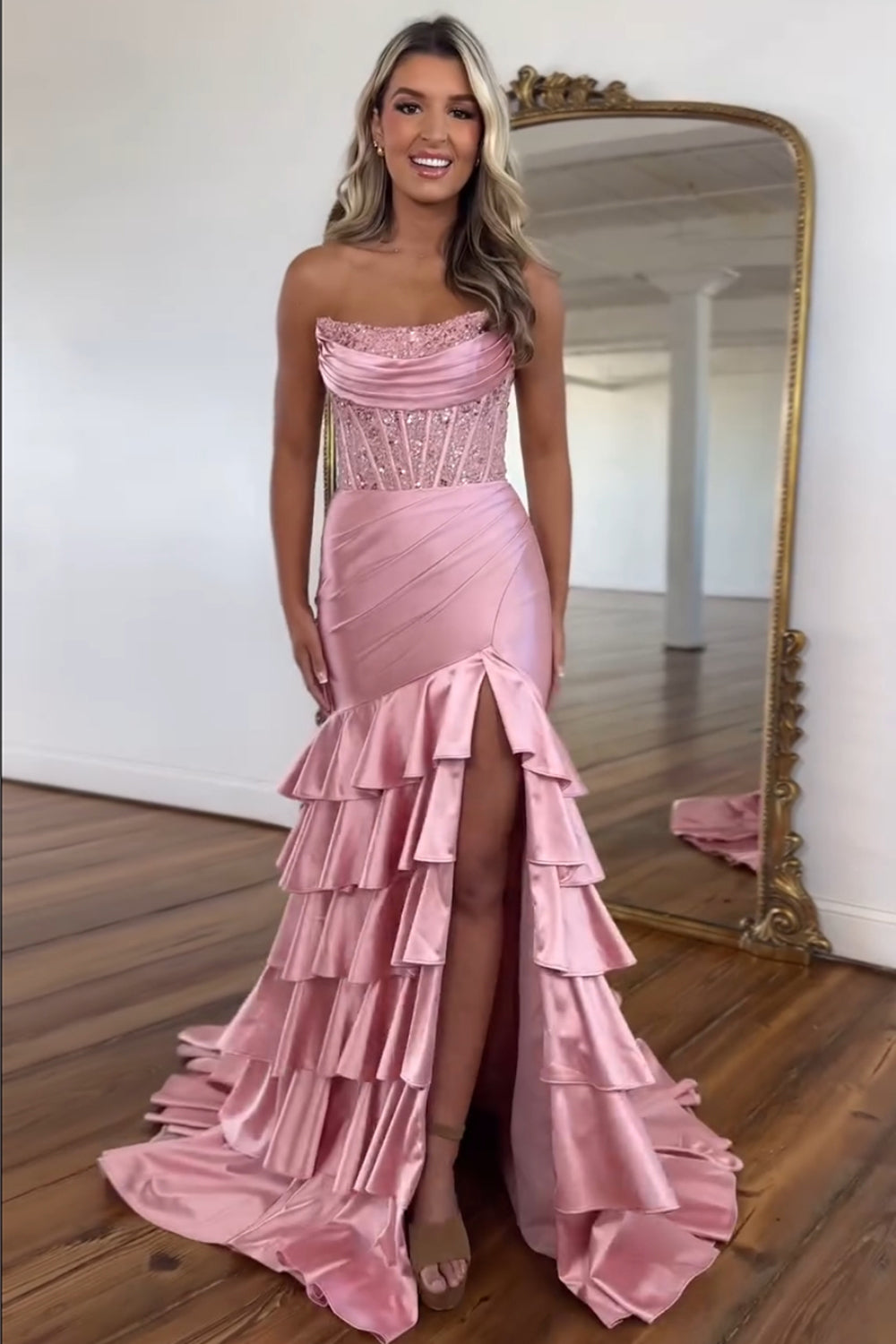 Blush Corset Tiered Pleated Strapless Prom Dress with Slit