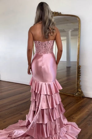 Blush Corset Tiered Pleated Strapless Prom Dress with Slit