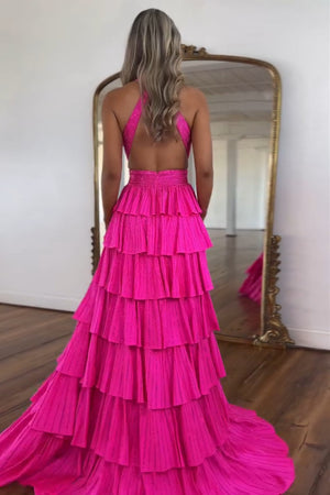 Sparkly Fuchsia Hollow-out V Neck Tiered Prom Dress with Slit