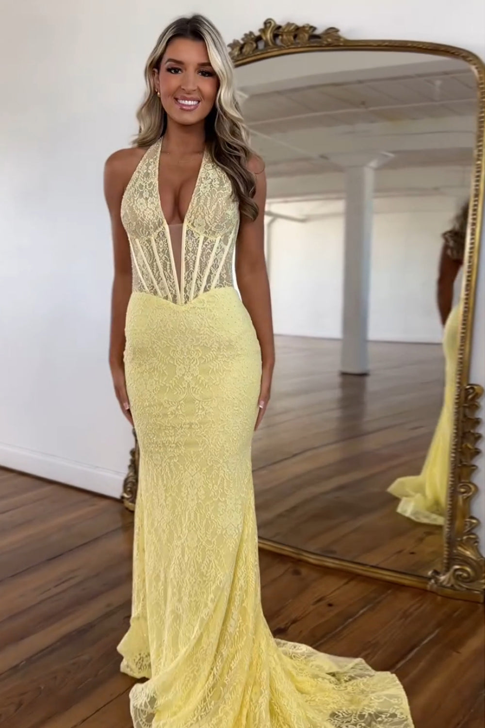 Yellow Mermaid Halter Appliques Corset Prom Dress