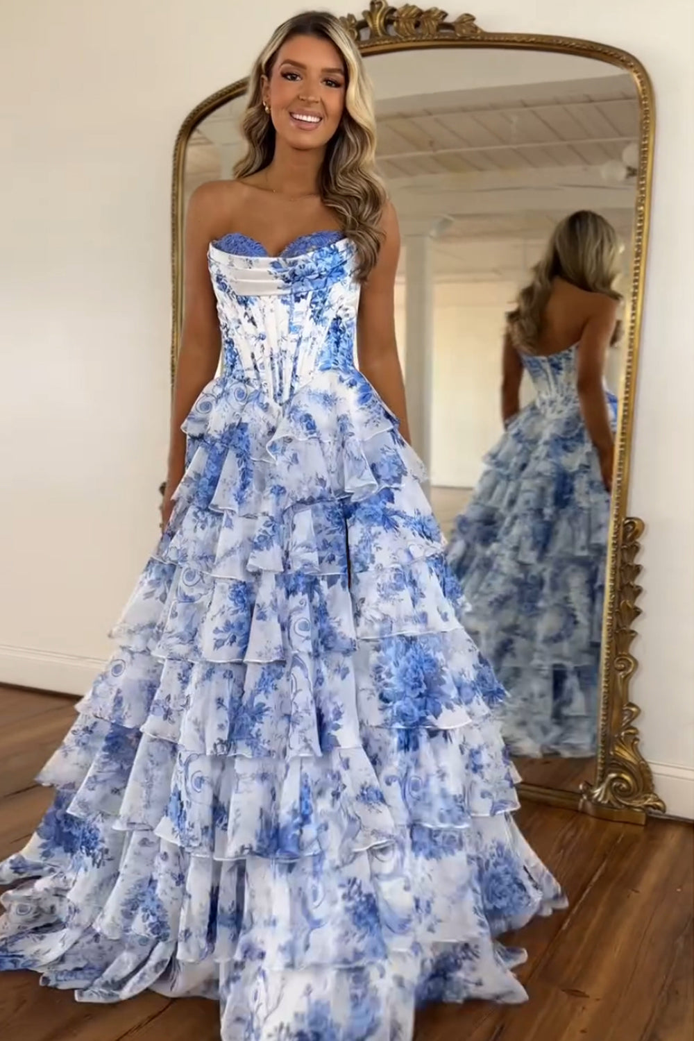 White Blue Flower Printed Corset Tiered Prom Dress