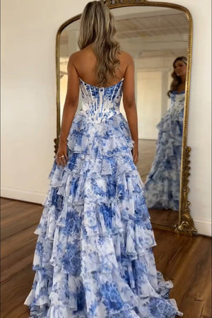 White Blue Flower Printed Corset Tiered Prom Dress