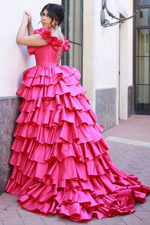 Fuchsia Ruffle Corset Off The Shoulder Prom Dress with Slit