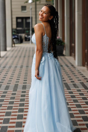 Light Blue Appliques Corset Spaghetti Straps Prom Dress with Slit