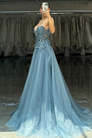 Sparkly Grey Blue Appliqued Tulle Prom Dress with Slit