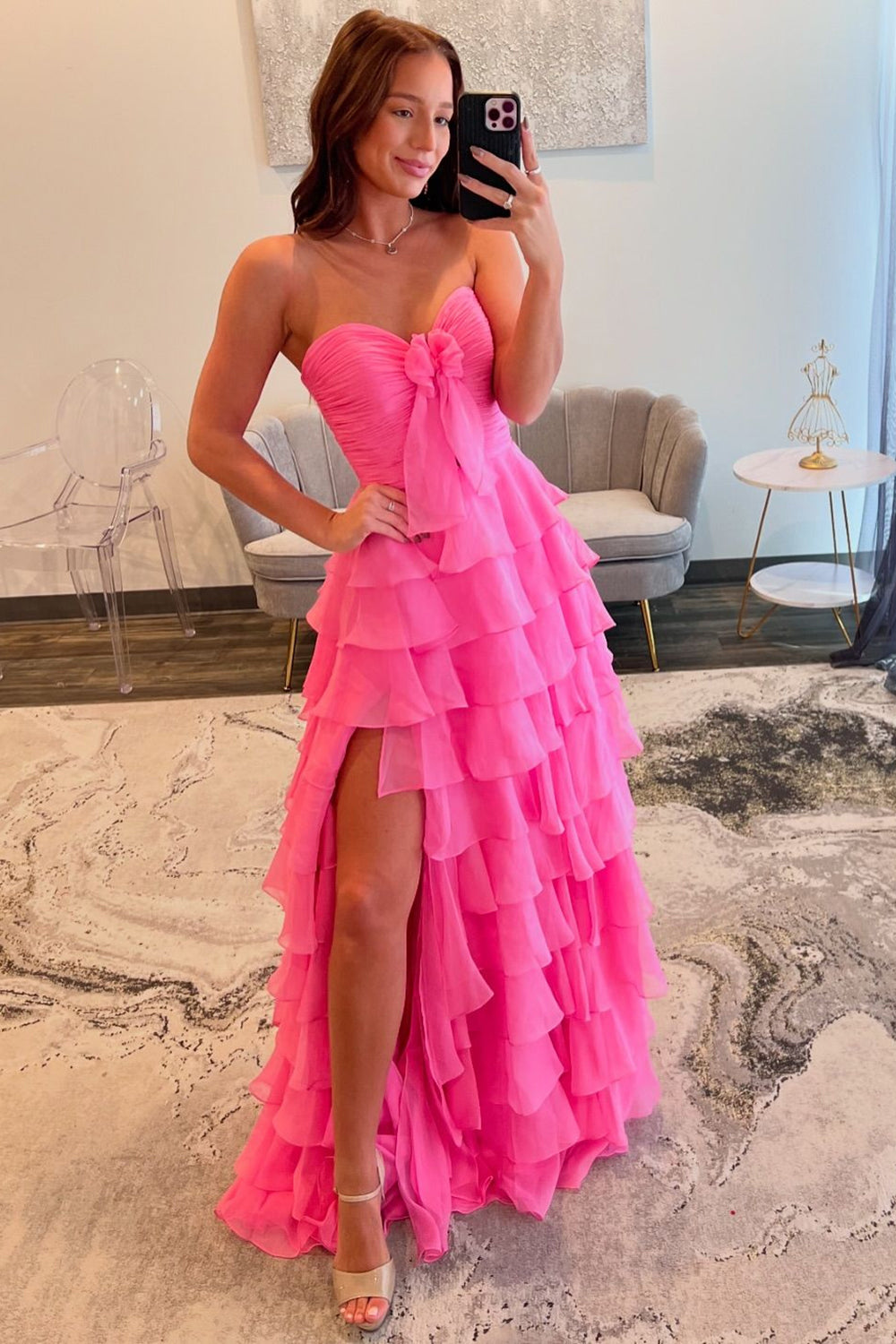 Fuchsia Tiered Bow Pleated Chiffon Strapless Prom Dress with Slit