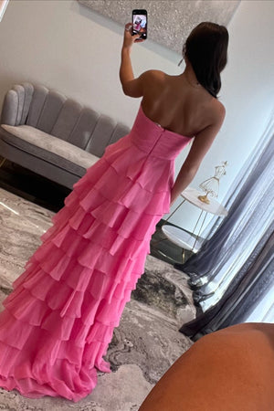 Fuchsia Tiered Bow Pleated Chiffon Strapless Prom Dress with Slit