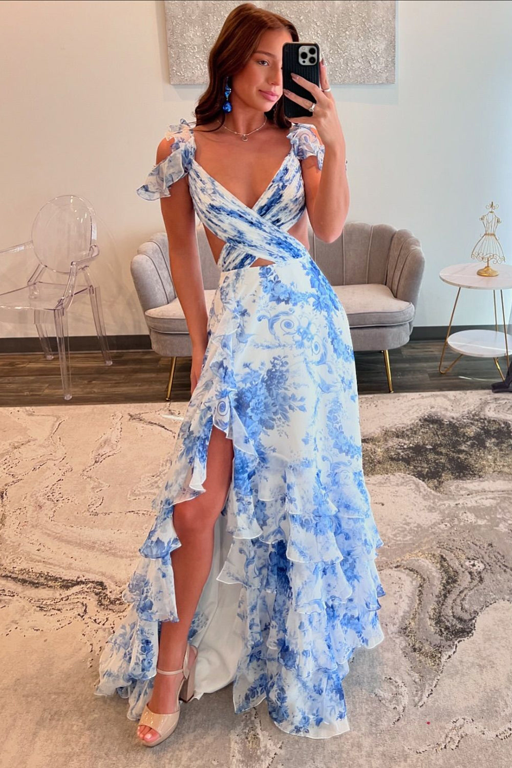 Blue White Flower Printed Cut Out Tiered Prom Dress with Slit