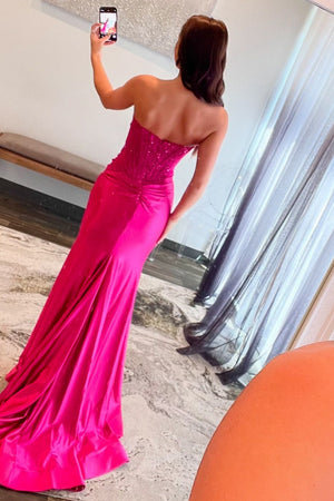 Sparkly Fuchsia Beaded Corset Strapless Prom Dress with Slit