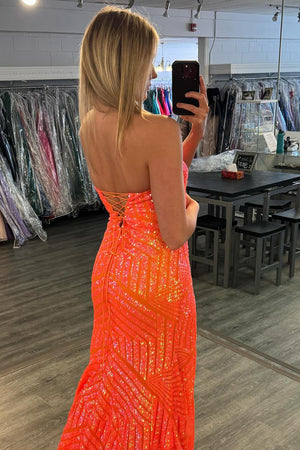 Sparkly Sequins Orange Mermaid Strapless Prom Dress with Slit