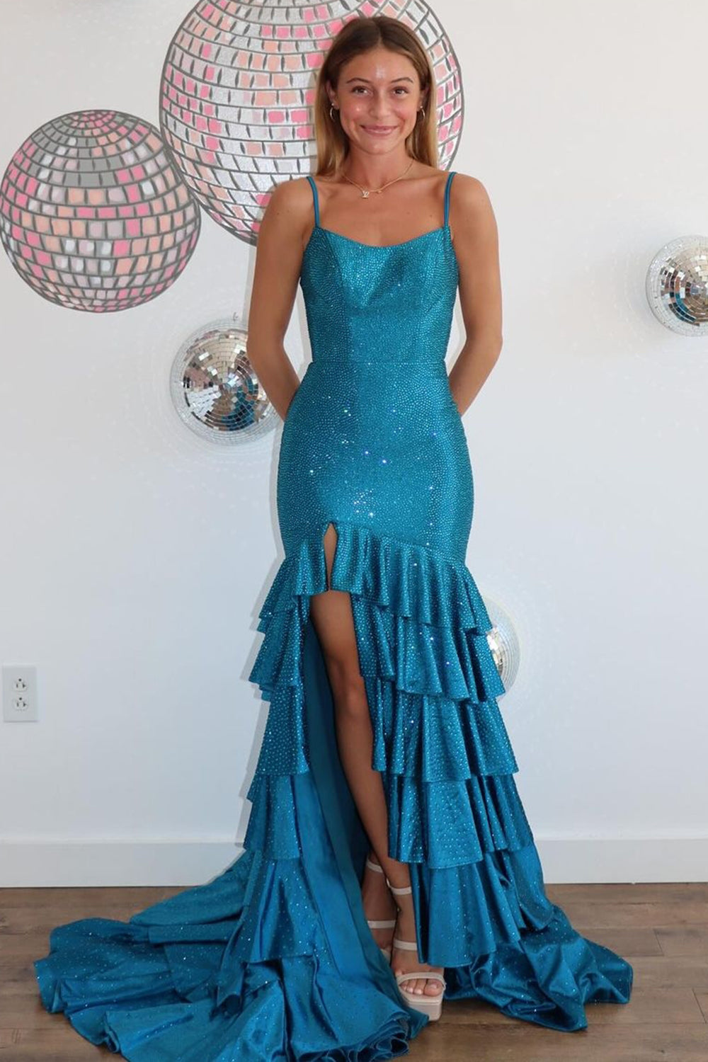 Sparkly Beaded Blue Tiered Spaghetti Straps Prom Dress with Slit