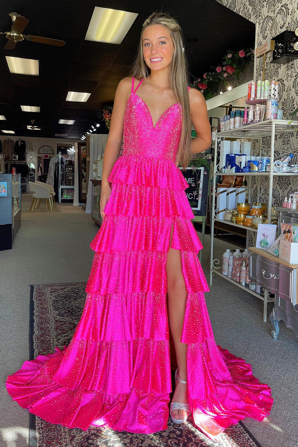 Sparkly Fuchsia Beaded V-Neck Tiered Prom Dress with Slit