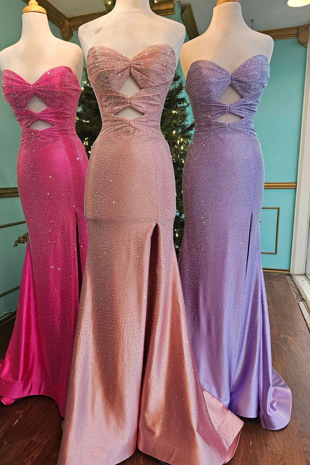 Sparkly Beaded Pink Sweetheart Cut Out Prom Dress with Slit