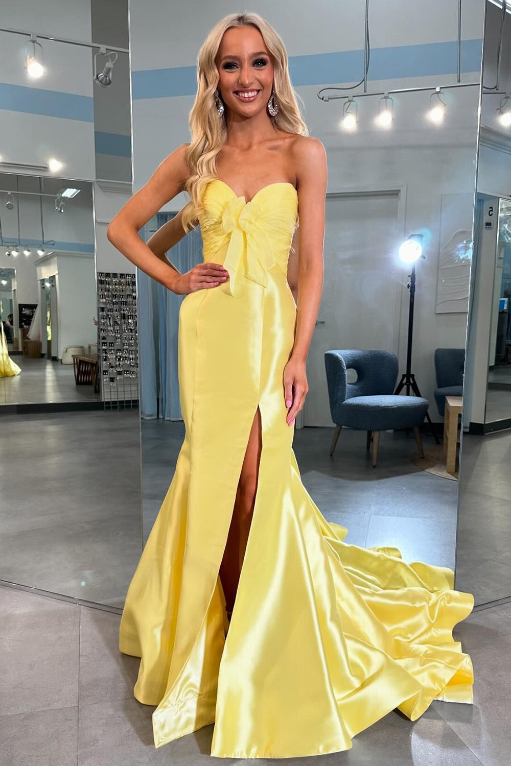 Yellow Strapless Pleated Bow Satin Prom Dress with Slit