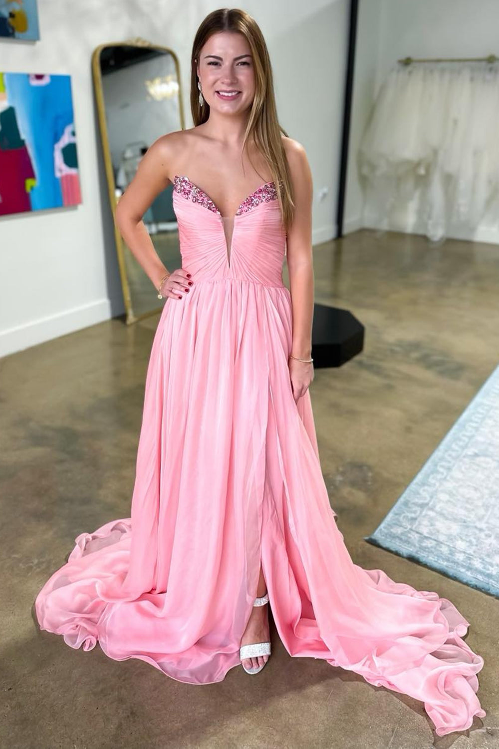 Sparkly Pink Ruched Strapless Chiffon Prom Dress with Slit