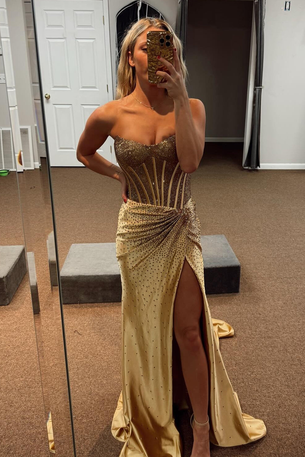 Sparkly Beaded Golden Corset Strapless Prom Dress with Slit