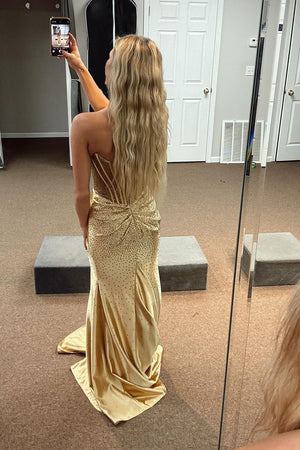 Sparkly Beaded Golden Corset Strapless Prom Dress with Slit