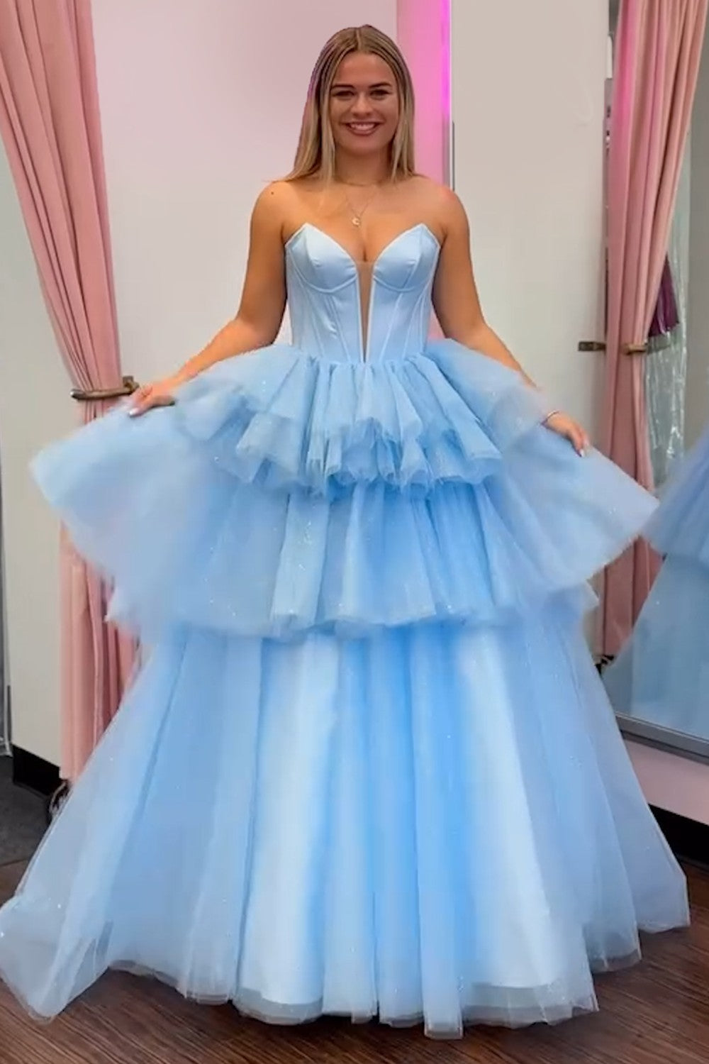 Blue Tulle Tiered Corset Prom Dress with Slit